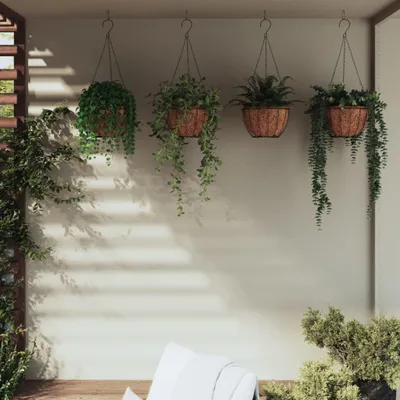 Produktbild von 4er-Set schwarze Pflanzampeln mit Ø 40 cm, hängender Blumenampelkorb mit Kokoseinlage und stabiler Stahl-Pflanzkorb für Garten, Balkon und Terrasse