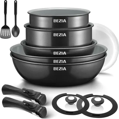 Image de BEZIA set de poêles poignée amovible revêtement céramique 13 pcs. induction cuisinière design empilable