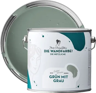 Produktbild von MissPompadour abwaschbare Wandfarbe Grün mit Grau 2,5L - hohe Deckkraft - matte, scheuerbeständige Innenfarbe - geruchsarm, wasserbasiert, ergiebig - Die Nützliche
