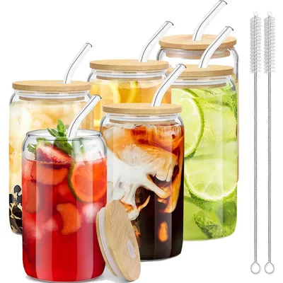 Productafbeelding van Set van 6 drinkbekers van glas, elk 16 ounce, met deksel en rietje, kleurloos