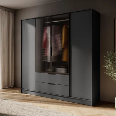 Produktbild von 200 cm breite Schrank Jolie IV Graphite Garderobenschrank mit Glastüren Kleiderschrank mit 4 Scharniertüren Drehtürenschrank mit 2 Schubladen, Farbe: Graphit