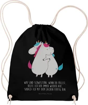 Produktbild von Mr. & Mrs. Panda Stoffbeutel Einhörner Umarmen - Schwarz - Geschenk, Kleiner Rucksack, wander, Liebe, Geschwister, Freundin, Einhorn, Familie, stoff, Unicorn, Turnbeutel