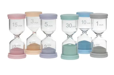A set of colorful hourglasses with different time durations.