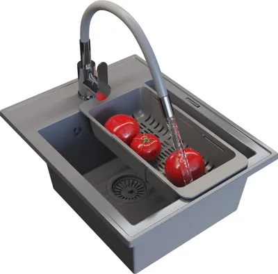 Produktbild von Granitspüle mit einem Becken Graue Spüle Wasserhahn Siphon Basket Nero