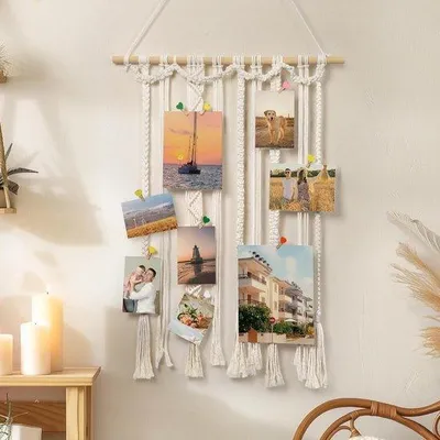 Image de Décoration murale en macramé, style bohème, en bois, 30 pinces, 108 x 60 cm