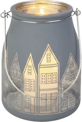 Produktbild von Windlicht - Laterne mit Henkel - Häuser - grau - ca. 13 x 15 cm