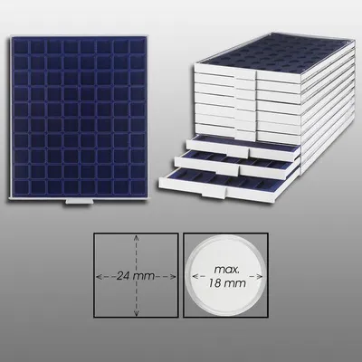 Produktbild von Prophila Collection Münzbox grau 80 eckige Fächer für Münzen bis 24mm, Blaue Einlage z. B. 3.Reich Münzen