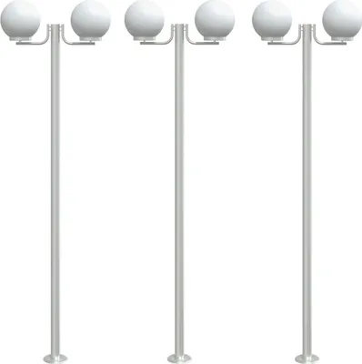 Three identical silver streetlights with white spherical lamps are arranged in a row against a white background.