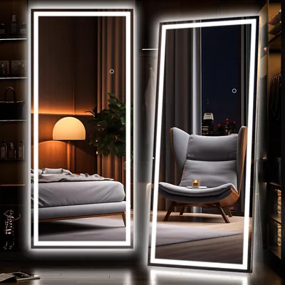 Zdjęcie produktu dla Lustro LED do całego ciała, 180x60 cm, z oświetleniem, 3 barwy światła, funkcja dotykowa regulacji jasności, możliwość montażu na podłodze lub na ścianie, kolor czarny
