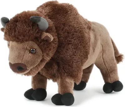 A plush toy bison standing on a white background.