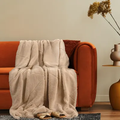 Produktbild von Deko Wohnzimmer Decke Kuscheldecke Tagesdecke Sofadecke Waschbar Raute Weich 200x240cm Beige