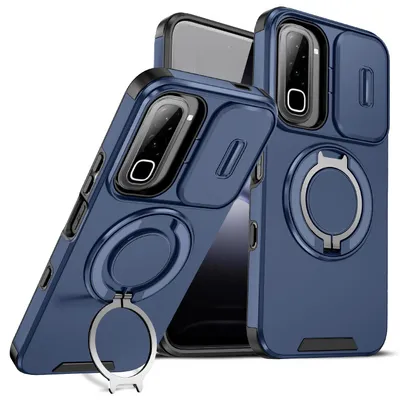 Obrázek produktu pro Dvouvrstvé pouzdro pro Infinix Hot 70 4G, s posuvným krytem fotoaparátu a magnetickým kroužkovým stojánkem Modrý