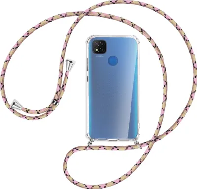 Produktbild von Handykette Backcover-Schutzhülle mit Band (Metall silberfarben) für Xiaomi Redmi 9C - rosa Karo