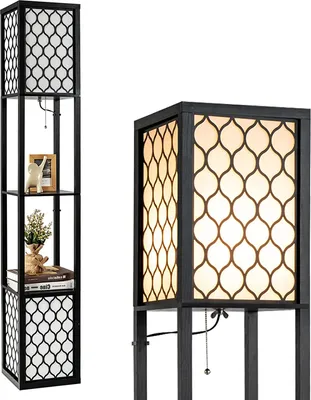 A floor lamp with shelves is shown from the front and a close-up view.
