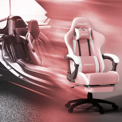 Image de Fauteuil de gaming ergonomique avec support lombaire massant, dossier réglable, repose-pieds, de couleur noire et rose