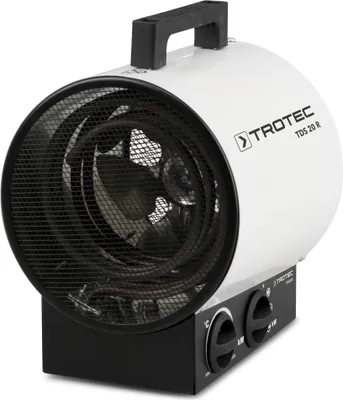 A white and black electric heater with a black handle and black controls on a white background.