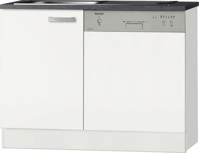 A white kitchen cabinet with a built-in dishwasher and a dark countertop.