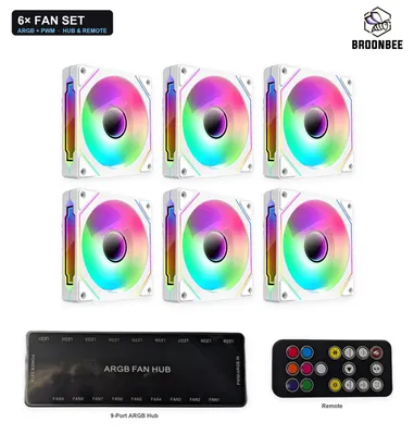 Produktbild von BROONBEE F-034 6x ARGB PWM Gehäuselüfter 120mm Weiß Set mit 9-Port Controller & Fernbedienung – RGB Lüfter adressierbar 5V 3-Pin Fan