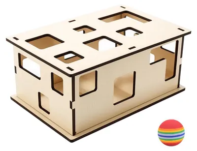 Produktbild von Interaktive Katzenspielzeug Box mit Kratzfunktion und Katzenball aus Naturholz