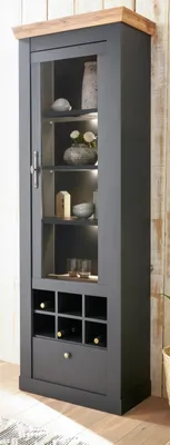 Produktbild von Vitrine "Ribera" grau und Wotan Eiche Landhaus Schrank mit Flaschenregal, Soft-Close 72 x 201 cm
