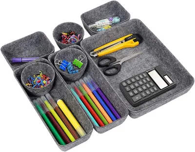 A set of felt desk organizers filled with office supplies.