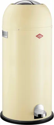 A cream-colored WESCO pedal bin with a silver pedal and lid handle, set against a white background.