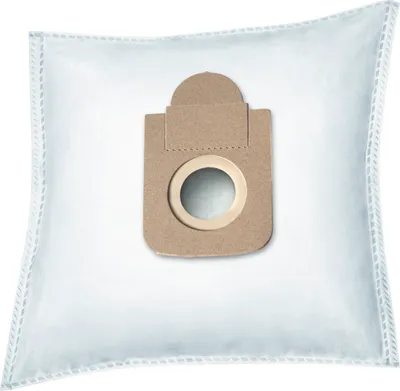 A white vacuum cleaner bag with a brown cardboard attachment.