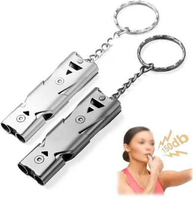Image de Lot de 2 - Sifflet d'alarme - Sifflet d'alarme sonore - Avec porte-clés - 150 dB - Équipement de plein air - Sifflet de secours en cas d'accident - Métal - Sifflet de sécurité - Pour le camping, la randonnée, les services de secours, les situations d'urgence, les arbitres