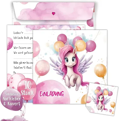 Produktbild von Einladungskarten Set von 10, XXL 15x15 cm, Einhorn Thema, mit Umschlägen und Stickern, für Geburtstagsparty