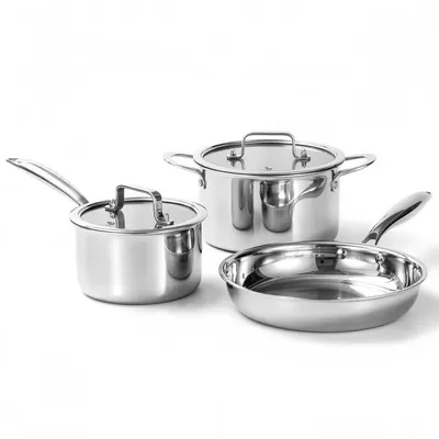 Produktbild von 3-teiliges Kochtopf-Set mit Glasdeckel & Bratpfanne, Ø 16/20/26 cm, 3-lagiger Edelstahl, Induktion, Backofenfest