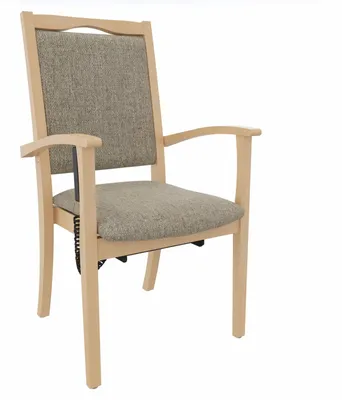 Produktbild von Seniorenstuhl Alexander Hochlehner mit Aufstehhilfe – Hochlehner Pflegestuhl mit Aufstehhilfe und Armlehnen – Massivholzstuhl stabil und Pflegeleicht.Stoffbezug:Stoff Kariba Beige,Bodengleiter:Kunststoff Weiss