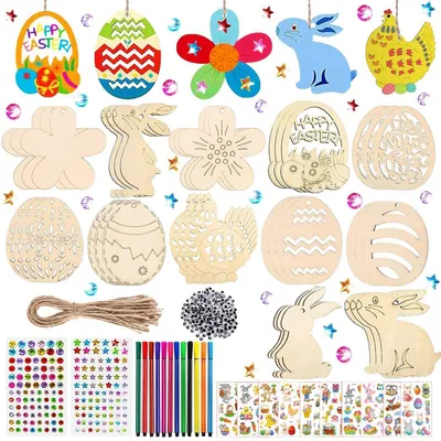 Produktbild von Ostern Bastelset Kinder 324 Teile Holzanhänger zum Bemalen mit Zubehör Gelb