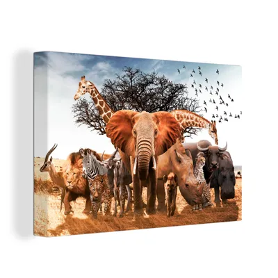Produktbild von OneMillionCanvasses® - Leinwandbilder - 150x100 cm, Tiere - Giraffe - Elefant, Wandbilder Kunstdruck Wanddekoration