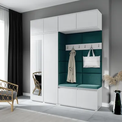 Produktbild von Garderoben-Set NIKOLA Kleiderschrank mit Polsterplatten, Schuhschrank und Schrankaufsatz 90 cm – Ideal für Flur und Eingangsbereich (Weiß, Trinity 28)