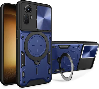 Produktbild von Handyhülle für Xiaomi Redmi Note 12S Dual-Layer Stoßfest Rüstung Hülle mit Dia Kameraschutz und Kreisförmig Ring Ständer Blau