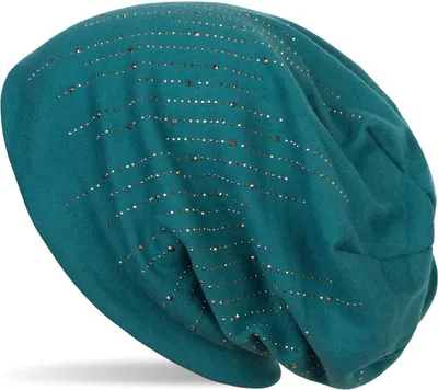 Produktbild von styleBREAKER Damen Beanie Mütze mit Strass Nieten im edlen Streifen Design, Slouch Longbeanie, Stoffmütze Einfarbig 04024086