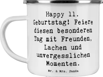 Produktbild von Mr. & Mrs. Panda Teetasse Spruch 11. Geburtstag Freude - Weiß - Geschenk, Pott, Glückwunsch, emaillebecher, Liebe, Emaille Tasse, becher, Teebecher, Happy Birthday