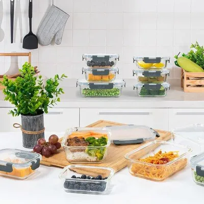 Immagine prodotto di Set di 5 contenitori per alimenti in vetro borosilicato Unyqoos® da 1050 ml (20x16x7 cm) – con chiusura ermetica LockTab, guarnizione in silicone removibile, adatti al forno, al microonde e al congelatore, privi di BPA