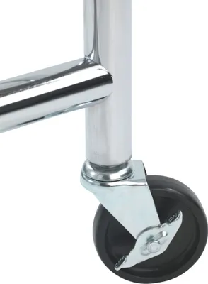 Close-up of a metal pole with a wheel and brake, part of a garment rack.