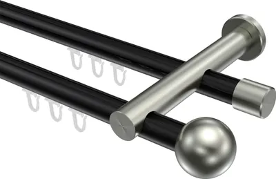 Produktbild von Interdeco Innenlaufstange / Gardinenstange mit Innenlauf Schwarz / Edelstahl-Optik, Typ Platon Luino (Kugel), 20 mm Ø 2-läufig, 520 cm