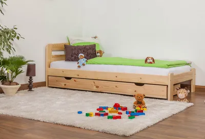 Produktbild von Bettrahmen für Kinder / Kinderbett 90 x 200 cm | Massivholz: Kiefer | Natur Lackiert | inkl. Rollrost