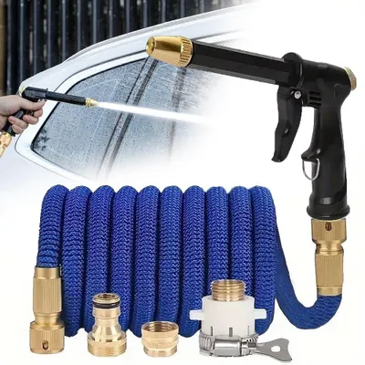 Image de Lance d'arrosage, pistolet de nettoyage haute pression avec tuyau télescopique de 5 m et 3 raccords, douchette de jardin pour l'arrosage de la pelouse, le lavage de voiture, les animaux domestiques