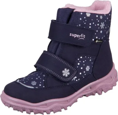 A single navy blue winter boot with pink lining and snowflake pattern.