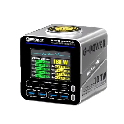 Produktbild von Mechanic G-Power 160W USB-C PD Ladegerät 8-Port (4x USB-A + 4x USB-C) mit Display, 15W Wireless Ladepad, Schnelllade-Station, Grau