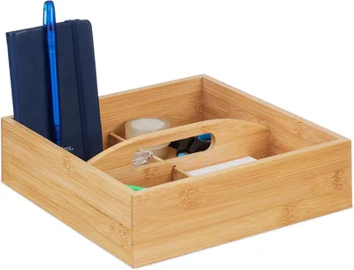 Produktbild von Bambus-Organizer – Mit Griff – 4 Fächer – 6,5 x 25 x 25 cm – Für Büro, Badezimmer und Küche – Natürliches Design
