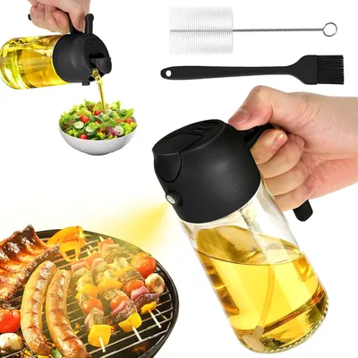 Produktbild von Ölsprüher 2 in 1, Ölspray für Heißluftfritteuse 500ml, Ölsprüher für Speiseöl mit Silikonpinsel und Flaschenbürste, Öl Sprühflasche Glas,Öl Spray, Sprühflasche Öl Zum Kochen, Backen (Schwarz) StartseiteKüchenartikel & HaushaltsartikelKüchenzubehörKüchenhelferEssig- & Ölspender
