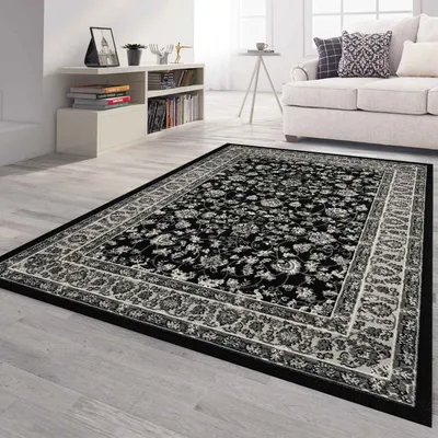 Image de Tapis d'Orient gris et noir, de style classique, à tissage serré, orné de motifs ornementaux et floraux