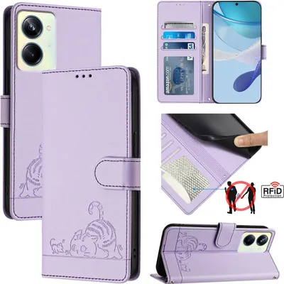 Produktbild von Leder Hülle für Realme 10 Pro 5G Süße Katze Flip Case Brieftasche Schutzhülle mit Standfunktion Lila