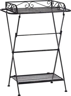 A black metal plant stand with two shelves.