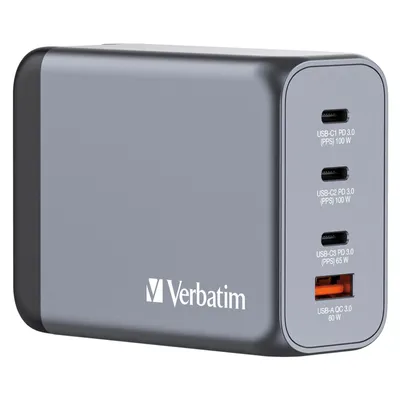 Zdjęcie produktu dla Verbatim Gnc-200 Ładowarka Gan 200W Z 2 X Usb-C® Pd 100W, 1 X Usb-C® Pd 65W / 1 X Usb Qc 3.0 (Eu/Uk/Us), 32204